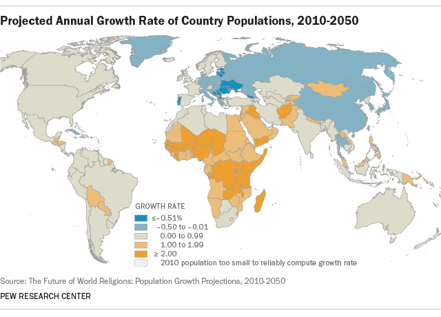 Projected annual growth rate of country populations, 2010-2050. Image: Pew Research Center
