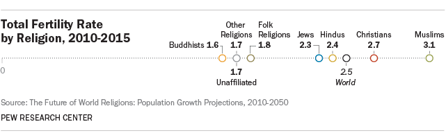 Total fertility rate by religion, 2010-2050. Image: Pew Research Center